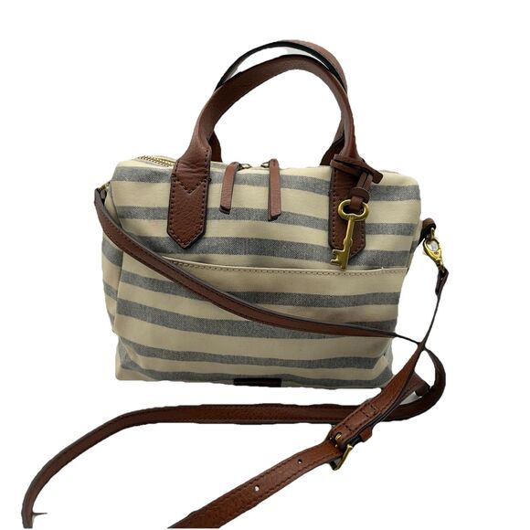 FOSSIL Coated Canvas Striped Fiona satchel Crossbody Shoulder Bag Blue/Off White - Picture 1 of 16